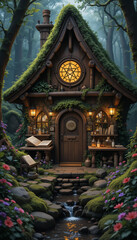 Enchanted Forest Alchemist's Cottage with Magical Details and Blooming Flowers