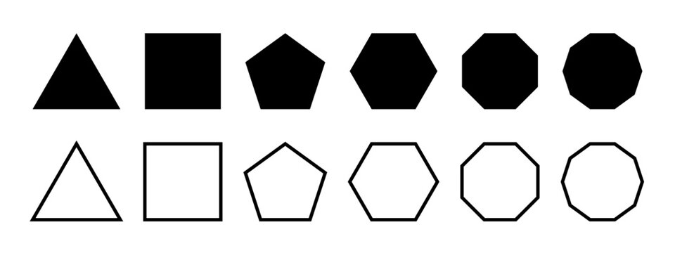 Set of basic geometric figures. Triangle, square, pentagon and hexagon,octagon and decagon shapes isolated on white background. Vector graphic illustration.