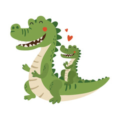 Fototapeta premium Crocodile mom and baby, cartoon style, mothers day illustration, cute animal