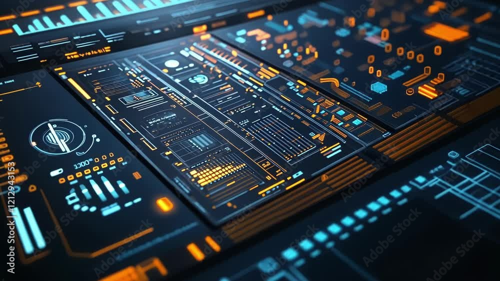 Poster futuristic interface displaying complex data analysis and system information, featuring glowing oran