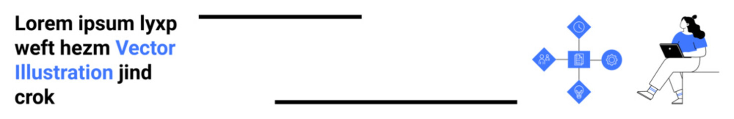 Obraz premium Lorem Ipsum text block, horizontal lines, blue geometric icons, woman using laptop. Ideal for tech, web design, education, programming, digital art, user interface. Landing page