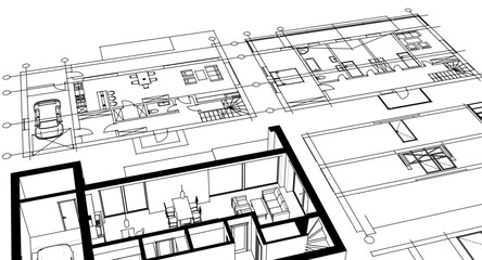 cottage planning sketch 3d illustration