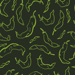 Chili Peppers Seamless Pattern. Hot Chilli Peppers on Green Background. Hand Drawn Ornament.