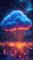 Fototapeta premium Digital Cloud Data Streams: Abstract Visualization of Network, Server, and Internet Technology with Glowing Particles and Connections, Reflecting Modern Data Transfer and Processing in Cyberspace.