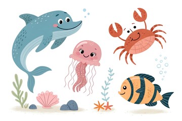 An adorable set of six marine creatures, featuring a smiling dolphin, a crab, and other playful sea animals.