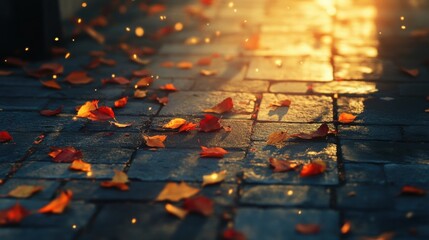 Autumnal Pathway Golden Hour Sunlight on Fallen Leaves Cobblestone Street