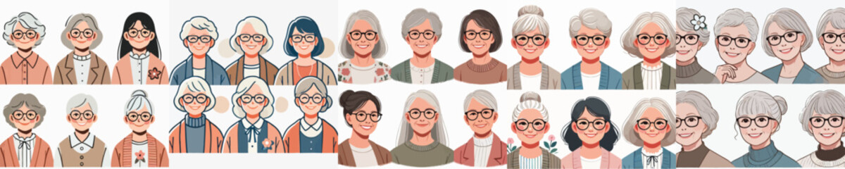 Obraz premium vector set of grandmother characters wearing glasses smiling