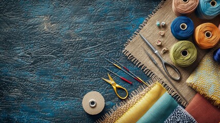 A captivating arrangement of sewing materials showcases vibrant threads, scissors, and fabric pieces on a rustic surface, igniting inspiration for creative projects and designs