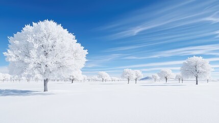Fototapeta premium Snow-covered trees stand in a vast winter field under a bright blue sky with wispy clouds.