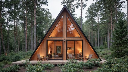 Cozy A frame cabin nestled in forest showcasing wooden exterior and large windows
