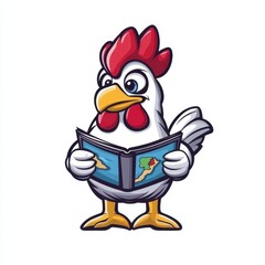 A cartoon rooster wearing glasses and reading a map to explore the world around him, showcasing a curious and adventurous spirit.