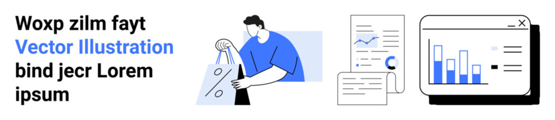 Man holding shopping bags, charts on documents, and data on a computer screen. Ideal for business presentations, e-commerce, data analysis, online shopping, marketing, statistics and financial