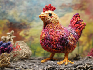 Fototapeta premium Colorful chicken crafted from yarn with intricate textures and vibrant details, showcasing creative handmade art and whimsical textile design