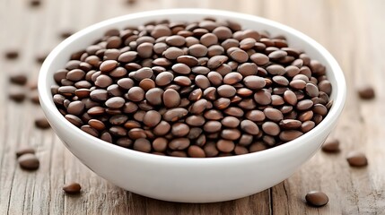 Fototapeta premium Brown lentils in a white bowl on wood