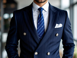 Blue striped suit, tie, pocket square.