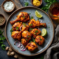 Fototapeta premium Andoori chicken tikka served with onion and lime. selective focus