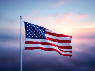 Obraz premium American flag waving against a colorful sky, symbolizing patriotism and national pride.