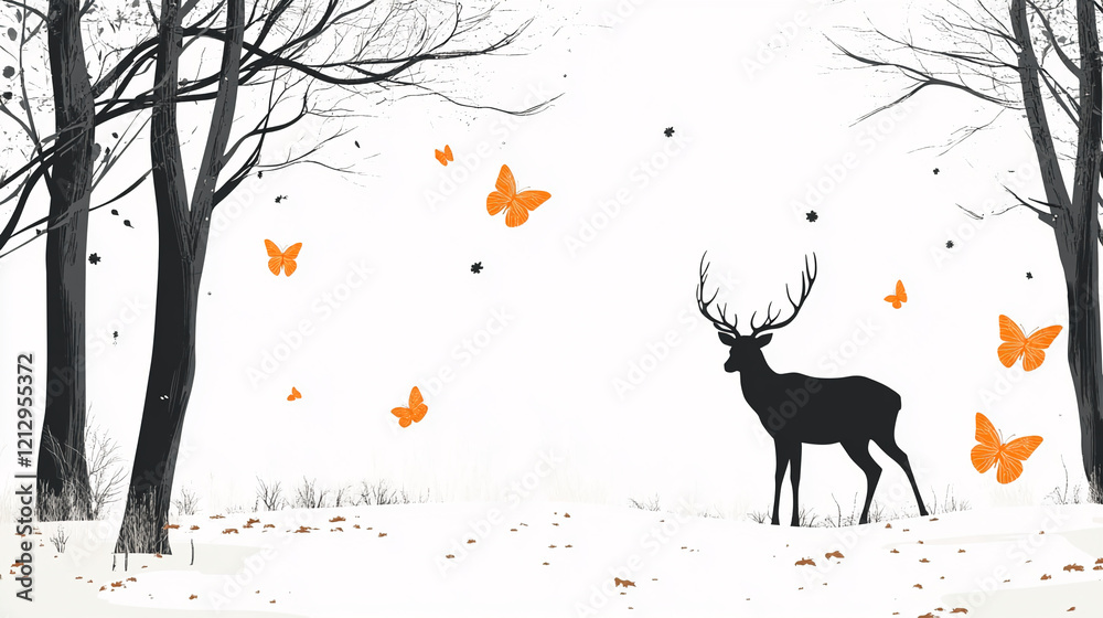 Poster Minimalist deer and butterfly scene with trees on a snowy background