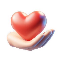 Obraz premium 3D hand holding a red heart symbol, representing love, care, and kindness. Suitable for health, charity, and support-related concepts. Isolated on transparent background, png.
