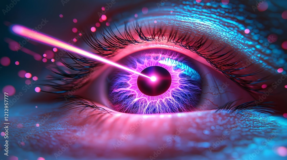 Poster futuristic cyberpunk eye with glowing laser effects, symbolizing artificial intelligence, digital se