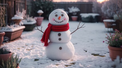 Obraz premium A cheerful snowman with a bright red scarf stands in a snow-covered garden, surrounded by winter plants and a soft, glowing sunset.