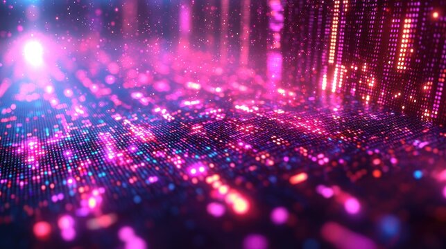 Glowing digital data stream in cyberspace.