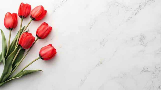 A collection of vibrant red tulips is arranged on a soft gray surface, creating an elegant display perfect for home decoration or special occasions