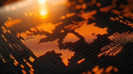 Glowing digital world map on screen with data grid at sunset.