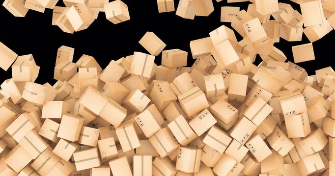 Parcels, cardboard boxes falling and fill the screen. 3D animation on transparent background
