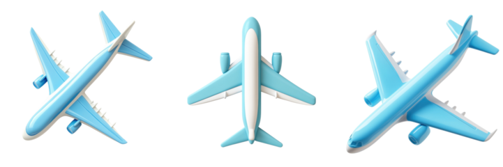 A Set of Rounded Blue and White 3D Airplane Icon, Isolated on Transparent Background