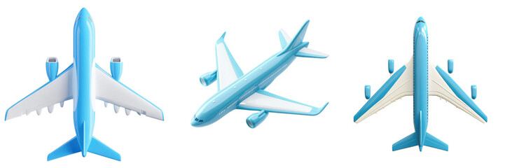 A Set of Soft 3D Airplane Icon in Blue and White with a Rounded Shape, Isolated on Transparent...