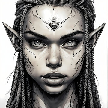 bellissima donna elfo dai capelli rossi, orecchie a punta, tatuaggi e sguardo luminoso, Beautiful red-haired elf woman, pointy ears, tattoos and bright gaze