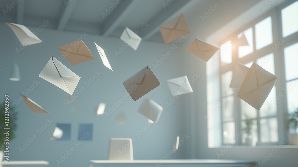 Fototapete abstract scene of flying envelopes in a glowing blue background, symbolizing fast communication, dig