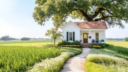 Fototapeta premium White farmhouse, tree, field, sunny day, rural landscape, real estate