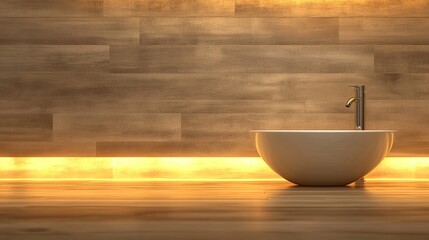A contemporary bathroom features a sleek bowl sink with a chrome faucet, wooden countertop, and warmly lit decor, creating a peaceful atmosphere perfect for relaxation