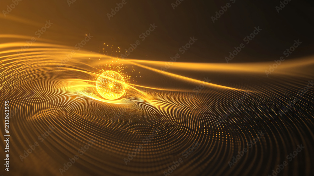 Aufkleber Golden Particle Sphere with Dynamic Wave Patterns and Futuristic Glow