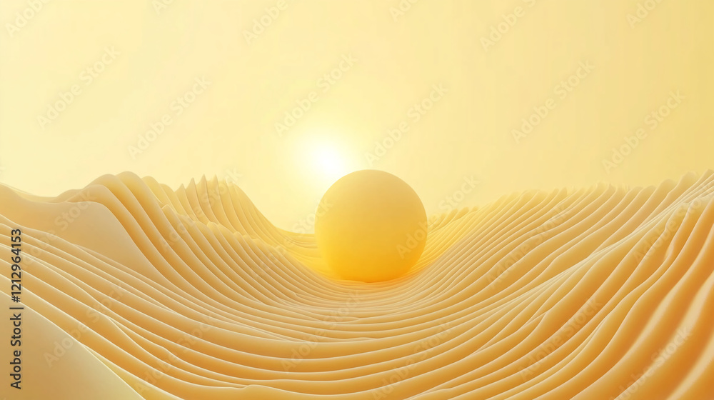 Poster Abstract Yellow Landscape with Wave Patterns and a Glowing Sphere