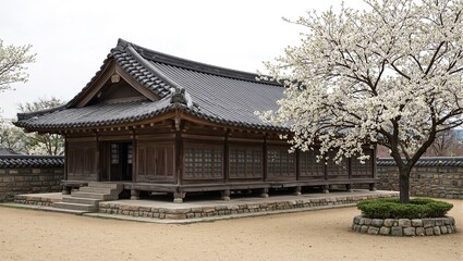 Fototapeta premium Traditional Korean hanok house with tiled roof wooden columns small garden with plum blossoms
