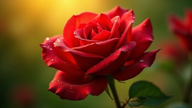 A mesmerizing red rose in full bloom with delicate dew drops shimmering under golden sunlight. A romantic and enchanting close-up showcasing nature&rsquo;s timeless elegance and detail.