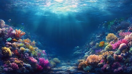 Vibrant underwater coral reef scene with colorful corals and fish, sunbeams filtering through the water.