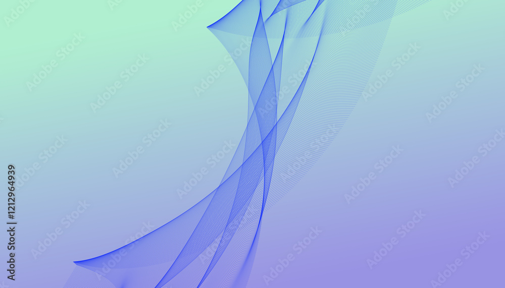 Fototapete elegant gradient abstract waves with fine blue wireframe curves on a soft cyan violet background for