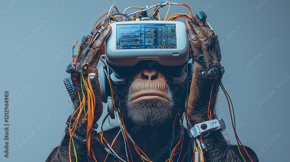 Poster a cybernetic chimpanzee wearing a vr headset connected with wires, symbolizing the fusion of artific