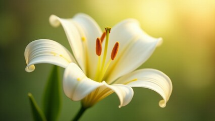 A graceful white lily in full bloom, its soft petals radiating purity and elegance. Bright orange stamens add contrast, while sunlight enhances its serene and sophisticated charm.