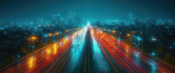 Fototapeta premium Cityscapes at Night: Urban Highway Traffic Flows with Glowing Lights and Illuminated Buildings, Creating a Stunning Visual Spectacle of Modern City Life. 