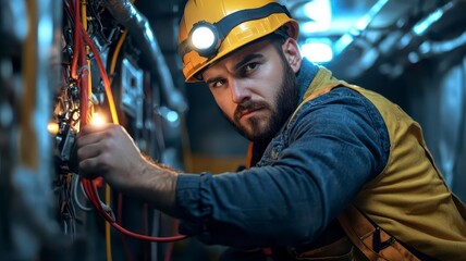 Electrician wiring troubleshooting concept. A focused worker in a safety helmet uses tools to repair electrical wiring in a dimly lit industrial setting.