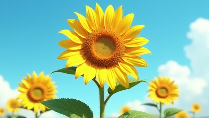 Obraz premium A radiant sunflower in golden bloom under a vibrant blue sky. Its bold petals and intricate seed patterns evoke warmth, joy, and the vibrant energy of a sunny summer day.