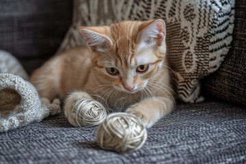 Obraz premium Cat joyfully engages with soft thread balls on a cozy couch