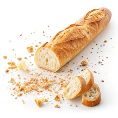 Naklejka premium French baguette with crumbs isolated on a white background.