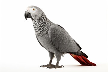 Obraz premium African Grey Parrot on White Background: Close-up Studio Shot of Grey Feathered Bird with Red Beak