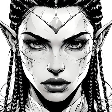 bellissima donna elfo dai capelli rossi, orecchie a punta, tatuaggi e sguardo luminoso, Beautiful red-haired elf woman, pointy ears, tattoos and bright gaze